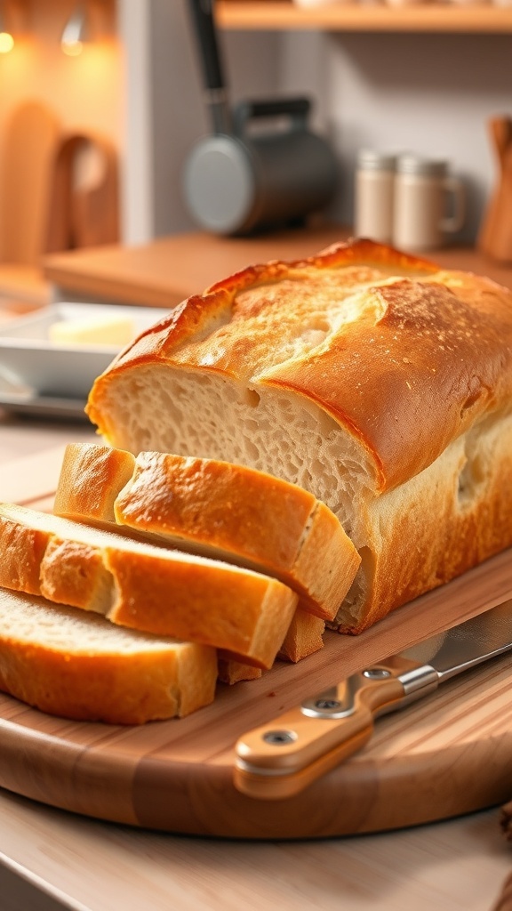 A golden brown gluten-free bread loaf sliced on a cutting board with butter.